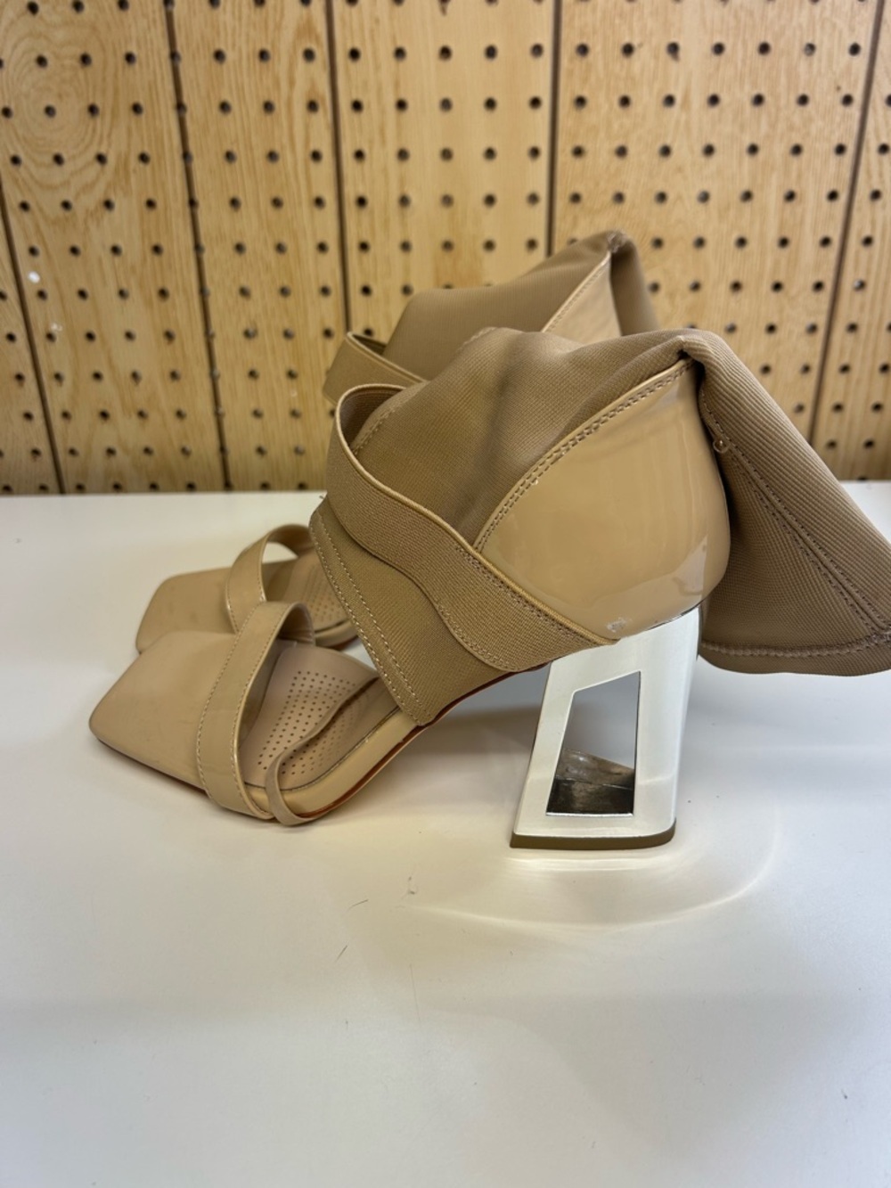 Azalea Wang Strappy Block Heel Sandals with Sculpted Metallic Heel